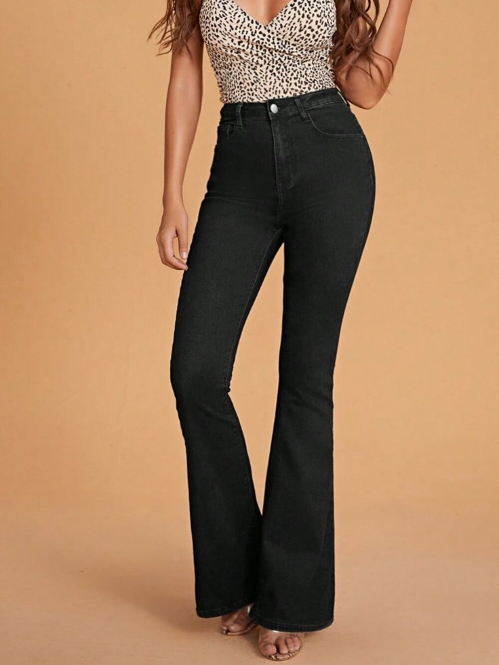 Black Casual Women's High Waist Button Zip Fly Regular Fit Flare Jeans Pants